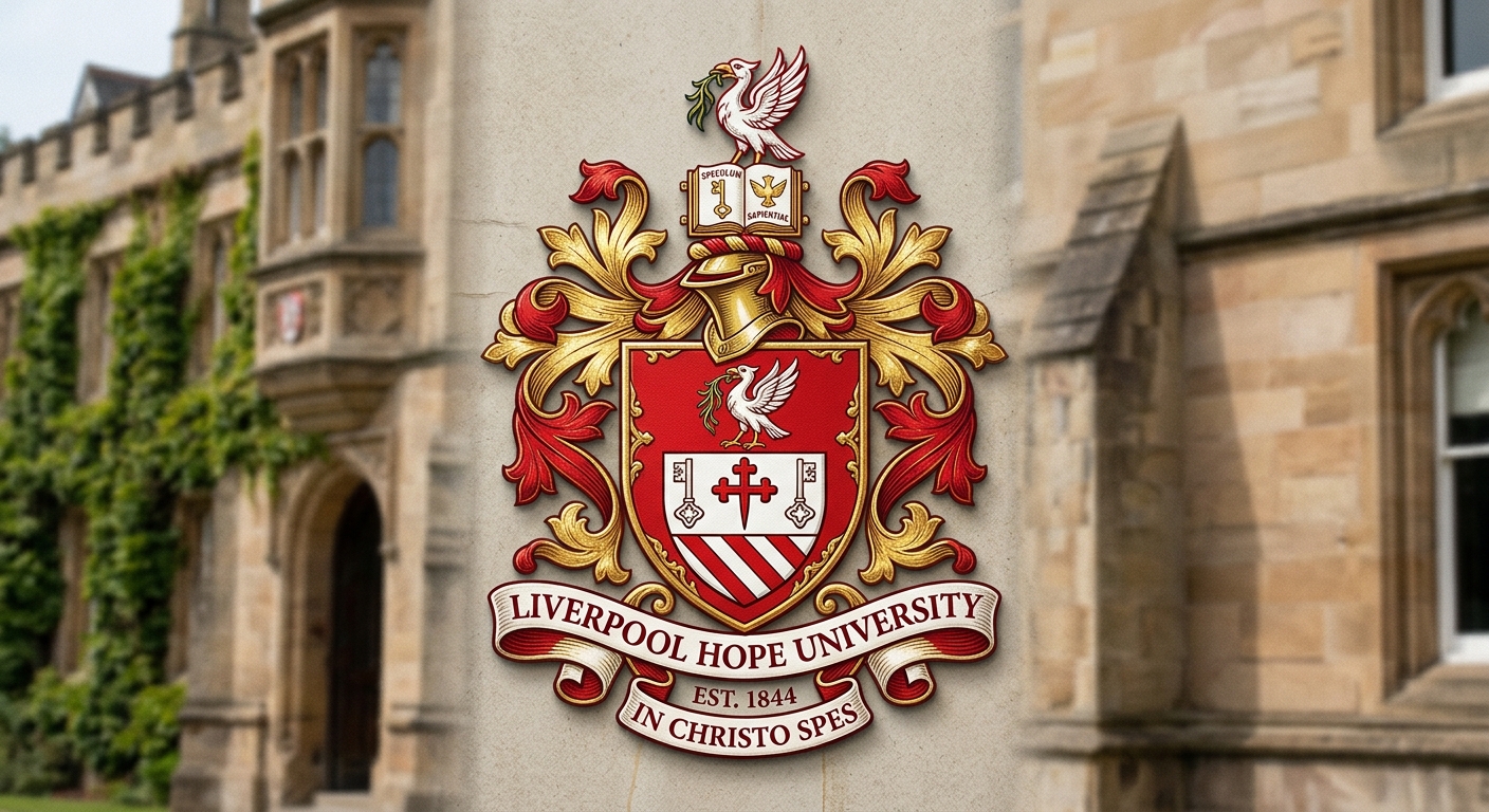 Liverpool Hope University coat of arms logo, featuring red and white heraldic design with university name text