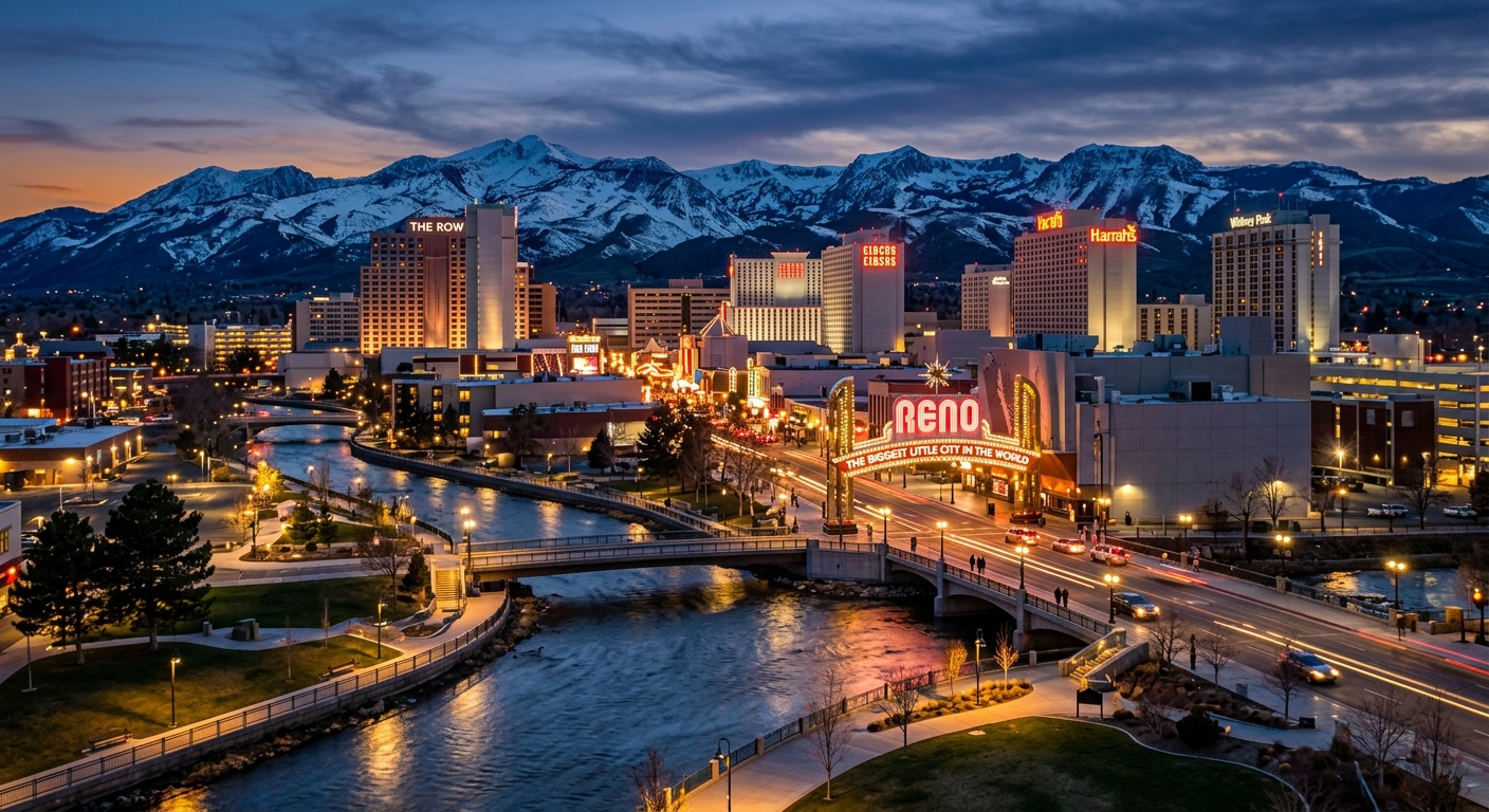 Downtown Reno Nevada skyline at dusk with the famous Reno Arch illuminated, snow-capped Sierra Nevada mountains in the background, Truckee River flowing through the city center