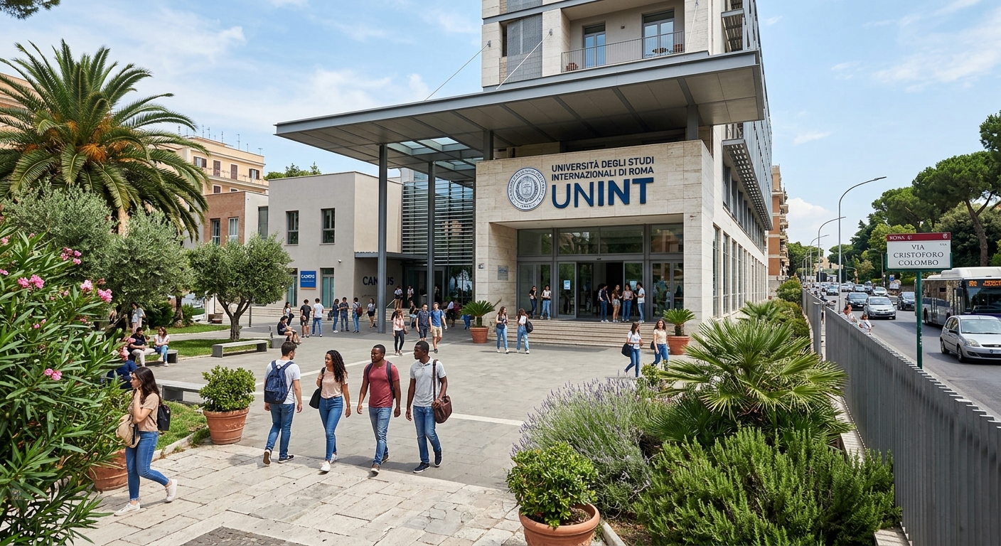 UNINT university main building entrance on Via Cristoforo Colombo, modern Italian architecture, students walking through courtyard, Mediterranean vegetation