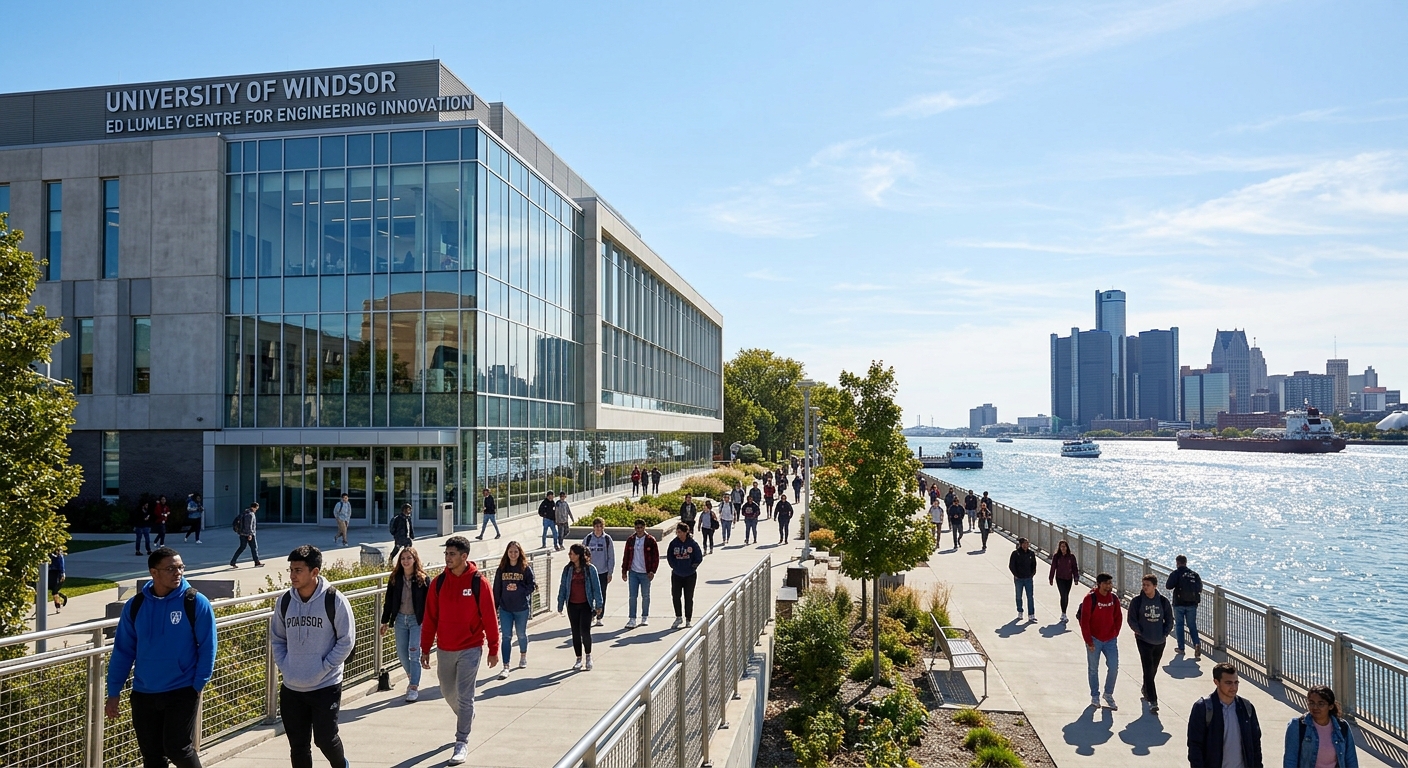 University of Windsor Ed Lumley Centre for Engineering Innovation building exterior with modern glass facade, students walking on campus paths along the Detroit River waterfront, bright sunny day in Windsor Ontario Canada