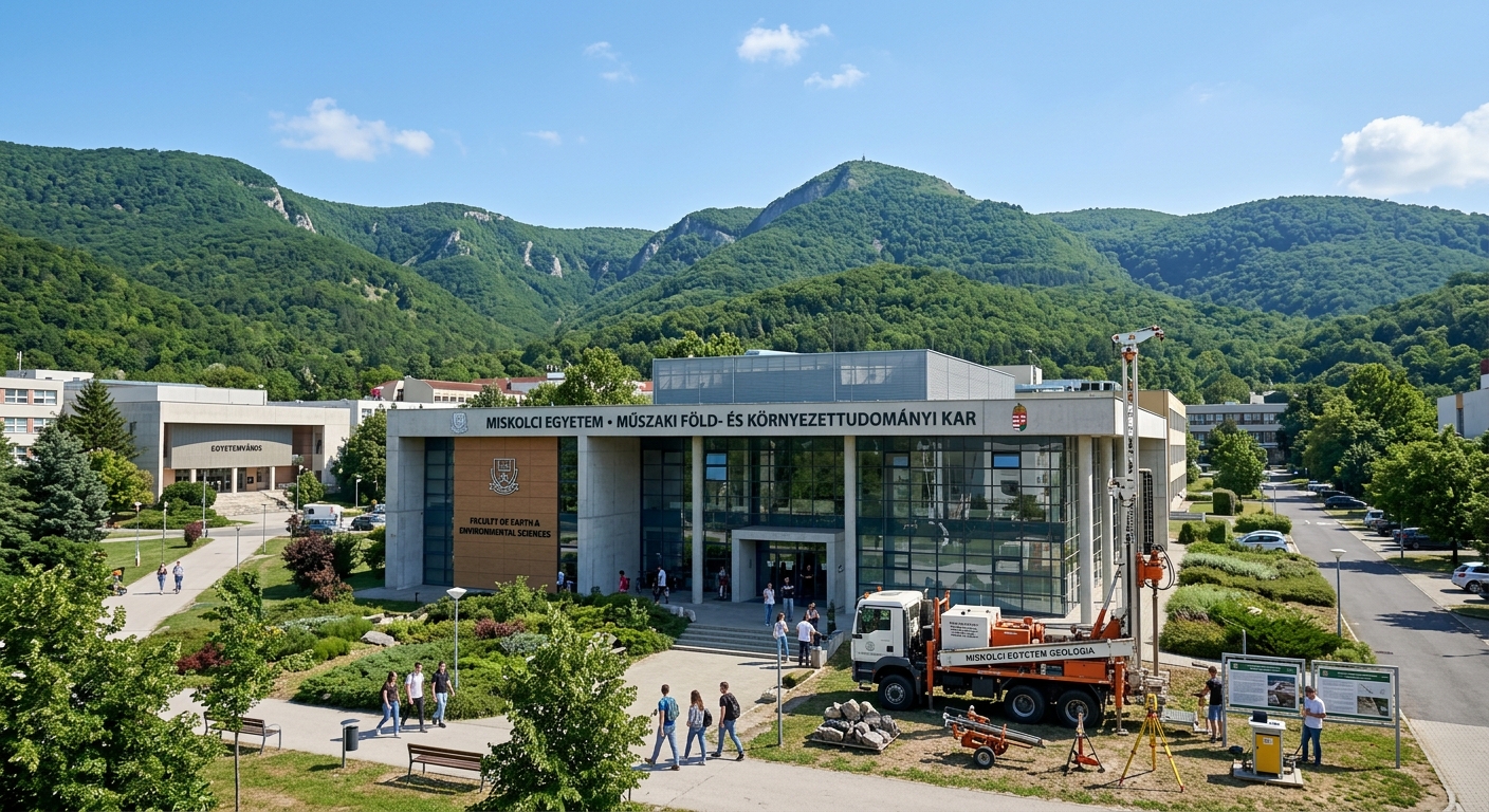 University of Miskolc campus surrounded by the Bukk Mountains in Hungary, modern engineering faculty building with geological field equipment displayed, green forested hills in the background, clear sky