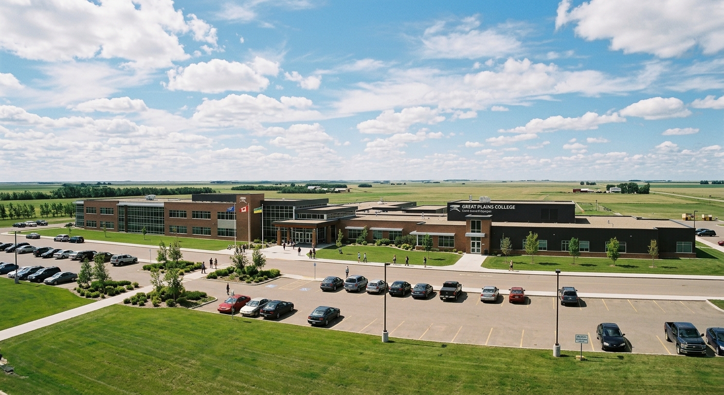 Great Plains College Swift Current campus wide shot, modern low-rise educational building on the Canadian prairies, flat Saskatchewan landscape, blue sky with scattered clouds, green grass and parking area in foreground