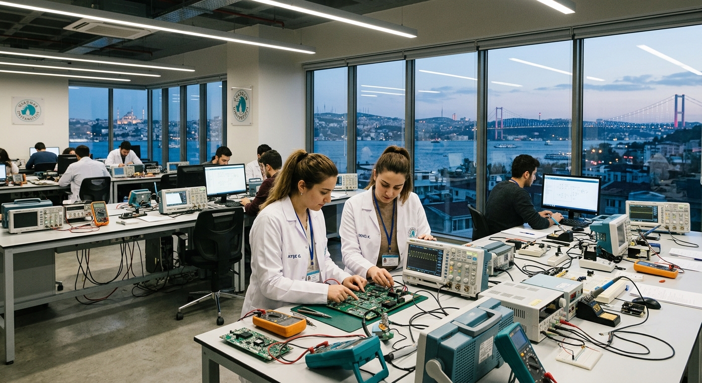 Modern engineering laboratory at Üsküdar University Istanbul campus, graduate students working with electronic circuit boards and oscilloscopes, large windows overlooking the Bosphorus skyline, bright fluorescent lighting
