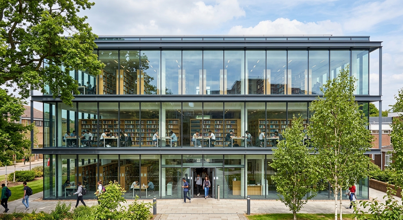 Sheppard Library at Middlesex University Hendon campus, modern multi-storey glass and steel building, students studying inside, bright natural light, bookshelves visible through windows