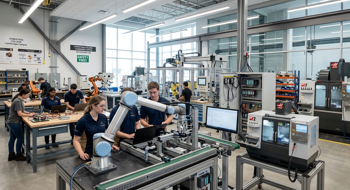 Modern engineering laboratory at Conestoga College Cambridge campus, students working on robotic arms and automated manufacturing systems, industrial equipment and CNC machines visible, bright overhead lighting