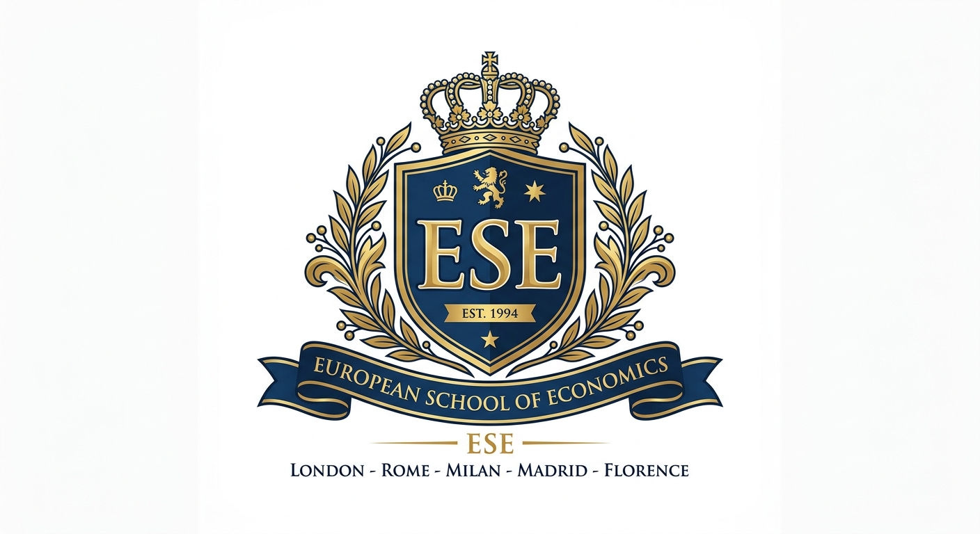 European School of Economics ESE official logo, stylized crest with ESE initials, dark blue and gold color scheme on white background