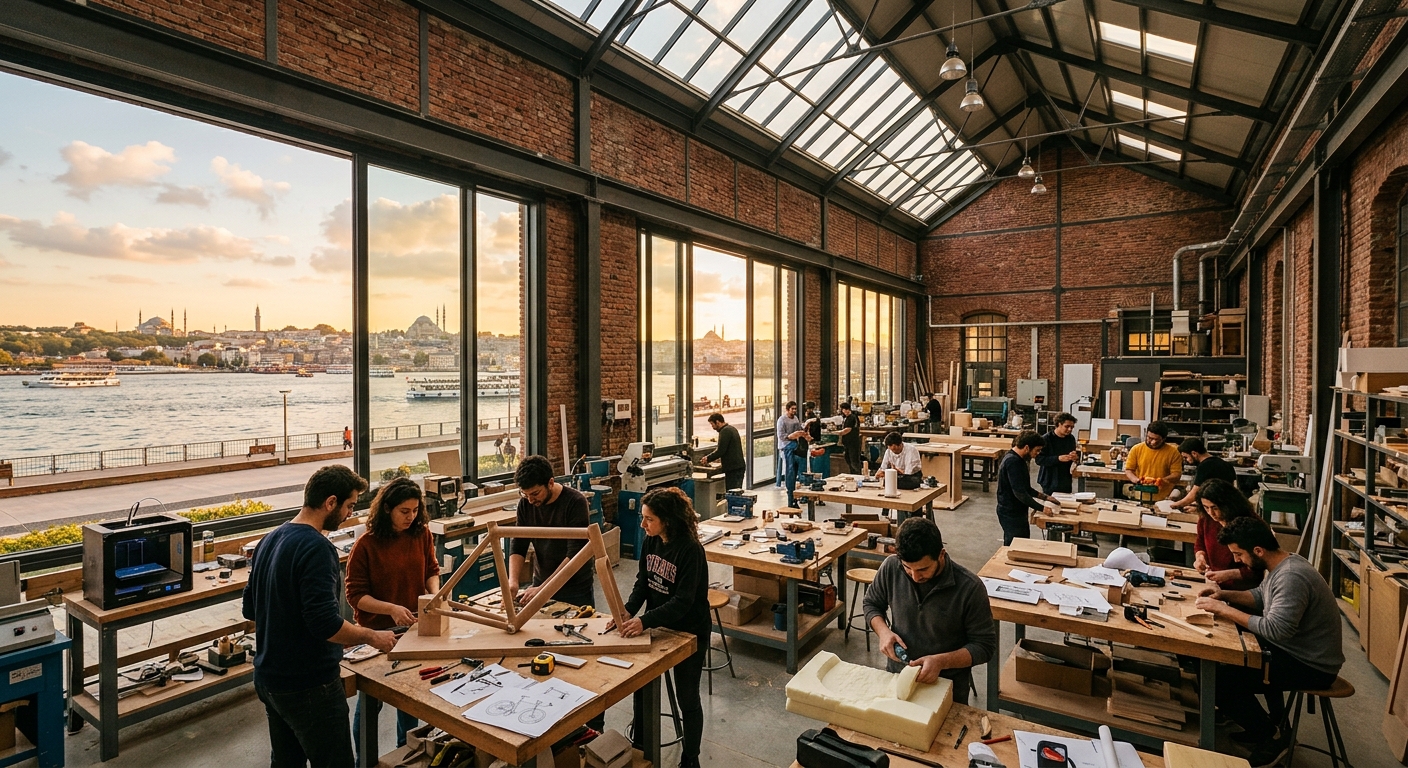 Istanbul Bilgi University santralistanbul campus with historic power plant buildings converted into modern design studios, students working on industrial design prototypes in open workshop spaces, golden hour lighting over the Golden Horn waterfront