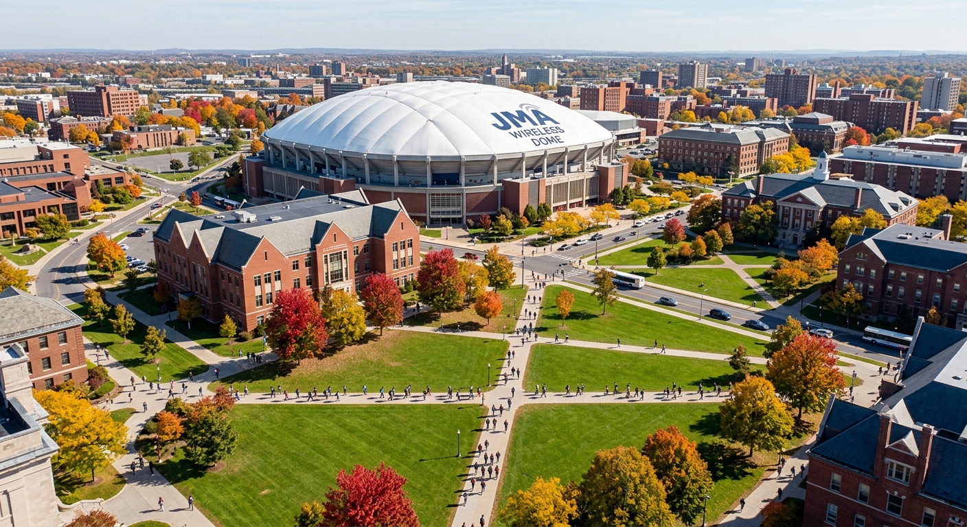 Syracuse University campus aerial view featuring the JMA Wireless Dome stadium, Falk College building, and surrounding green quad with students walking between classes on a sunny autumn day