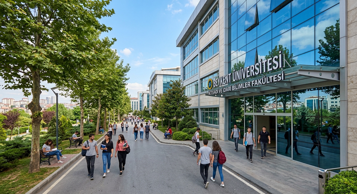 Modern Beykent University campus building in Istanbul Turkey with students walking on tree-lined pathways, glass facade reflecting blue sky, Faculty of Economics and Administrative Sciences entrance visible