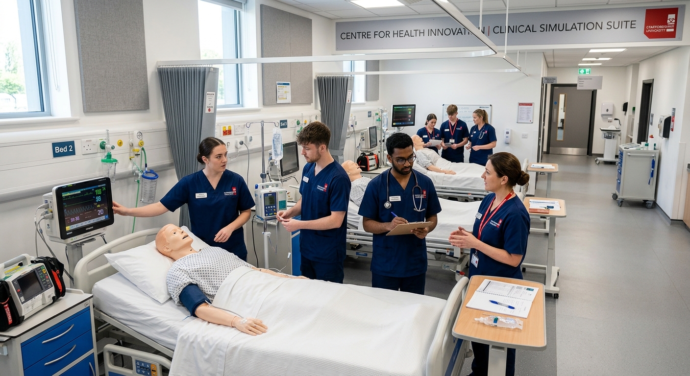 Centre for Health Innovation at Staffordshire University Stafford campus, modern clinical simulation suites, healthcare students in scrubs practising in simulated hospital ward