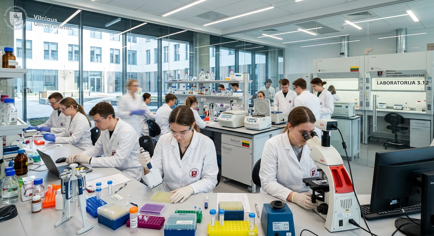 Modern life sciences research laboratory at Vilnius University with students in white lab coats working with biochemical equipment, pipettes, and microscopes, bright fluorescent lighting and glass-walled facility in Vilnius, Lithuania