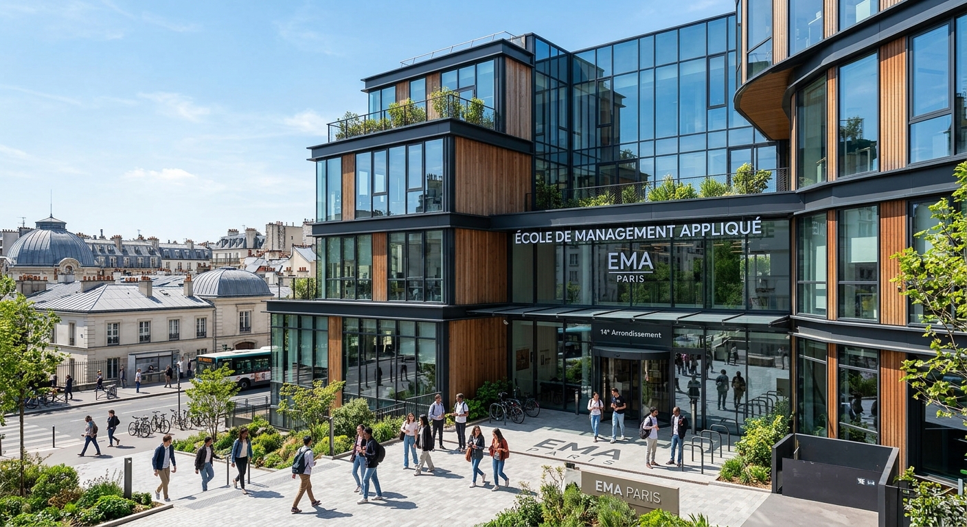 Modern campus building of École de Management Appliqué in the 14th arrondissement of Paris, contemporary architecture with large glass windows, Parisian rooftops visible in background, clear sky, students walking near entrance