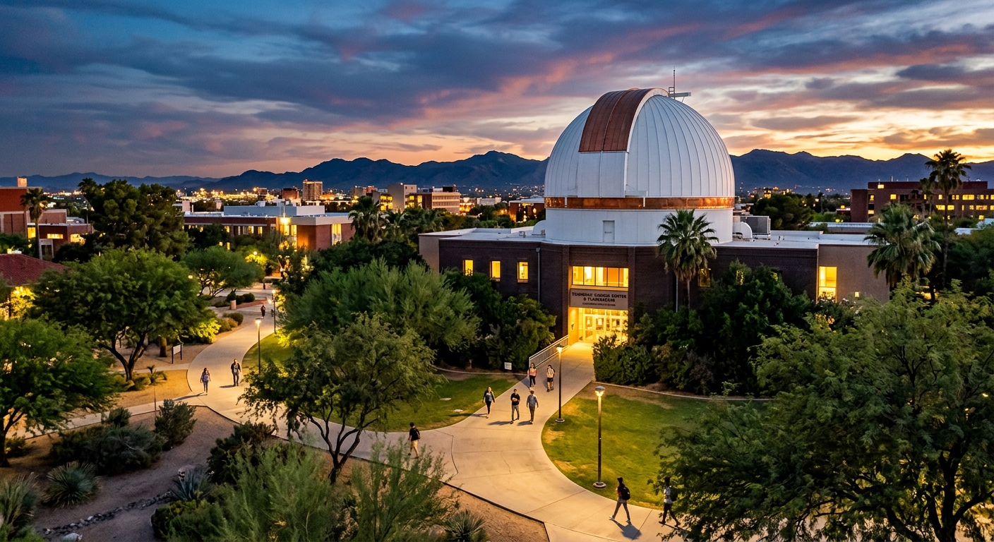 University of Arizona Flandrau Science Center and Planetarium with observatory dome, surrounded by campus greenery and walking paths at dusk