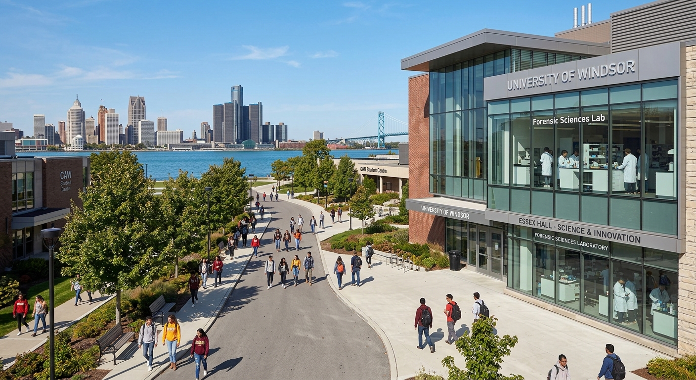 University of Windsor campus in Ontario Canada, modern science building with forensic laboratory, students walking along tree-lined pathways, Detroit River visible in background, clear sky