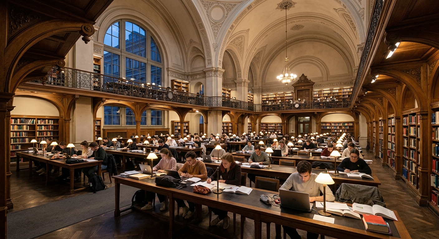 Göttingen State and University Library SUB interior, grand reading hall with high ceilings, rows of study desks, warm lighting, students studying quietly