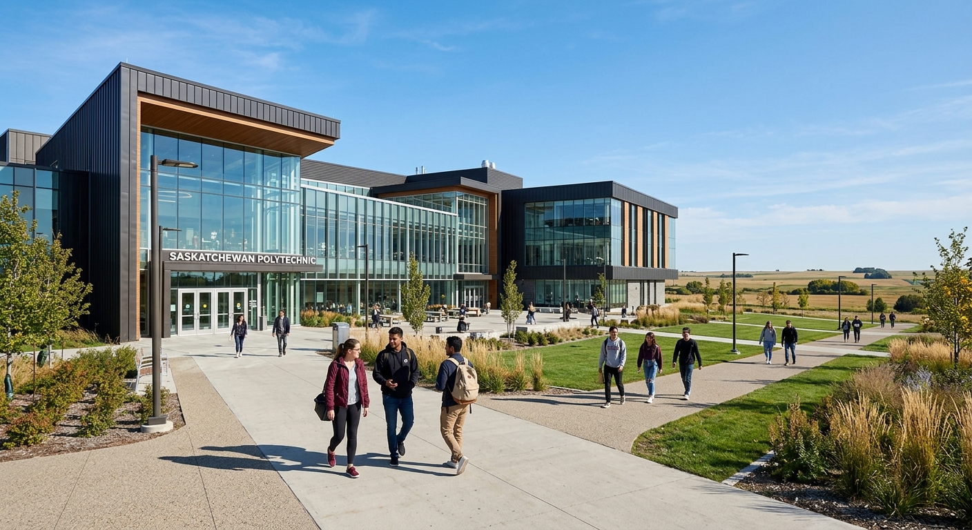 Modern Saskatchewan Polytechnic campus building with students walking on pathways, Canadian prairie landscape in background, clear blue sky, contemporary educational architecture with glass facades