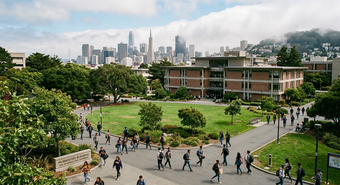 San Francisco State University campus with the Humanities Building surrounded by green spaces, students walking on pathways, with a view of the San Francisco skyline and fog rolling over hills in the background