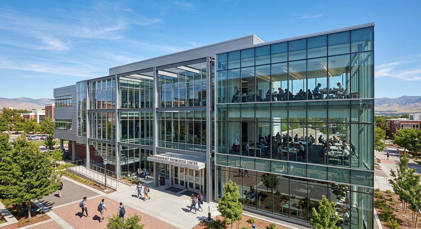 Mathewson-IGT Knowledge Center at University of Nevada Reno, modern glass and steel library building with students studying inside, blue sky background