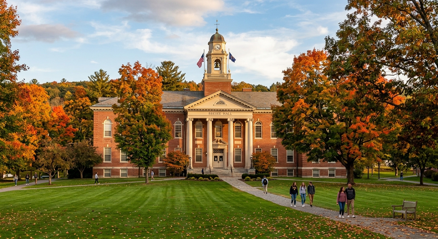 Bresee Hall at Hartwick College, historic red brick building with classical columns and green lawn, warm autumn light filtering through colorful trees