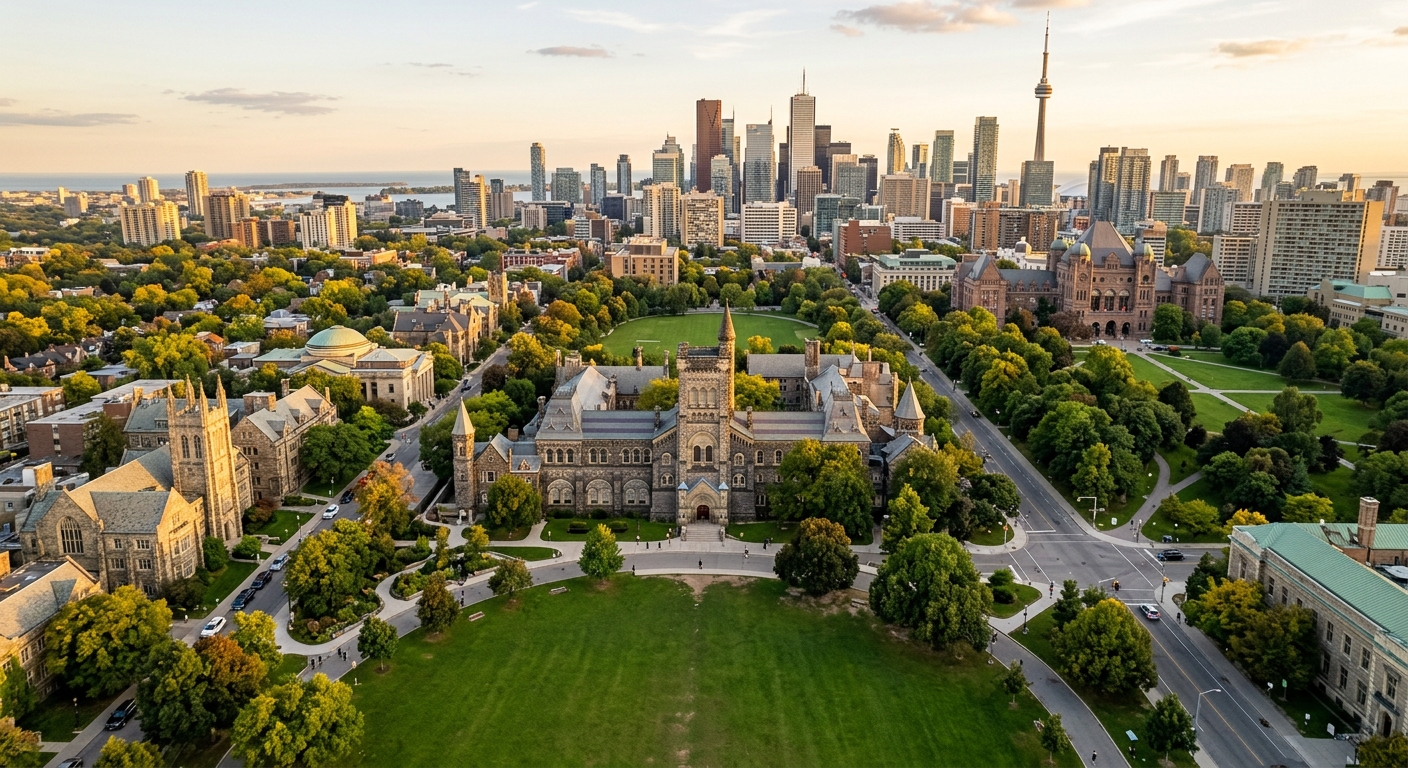 University of Toronto St. George campus aerial view, historic University College Romanesque Revival building, green lawns and tree-lined paths, Queen's Park in background, downtown Toronto skyline, golden hour light