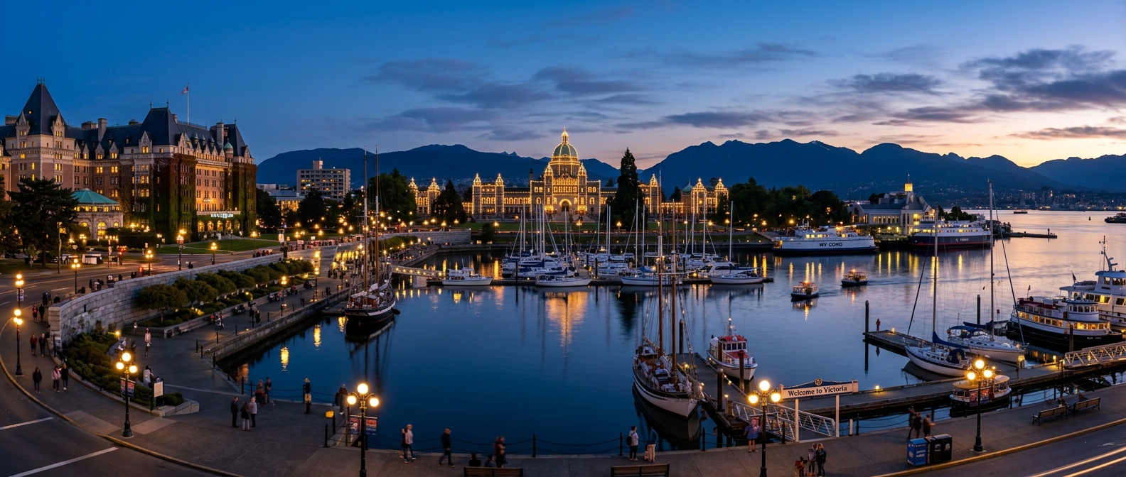Victoria BC Inner Harbour panorama with the Parliament Buildings illuminated at dusk, sailboats in the harbour, Empress Hotel visible, mountains in background