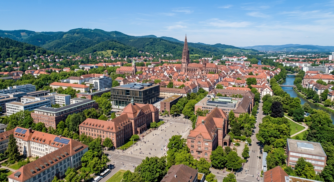 Aerial wide-shot of the University of Freiburg campus with historic buildings, the iconic university library, Freiburg Minster in the background, lush green trees, and the Black Forest hills under clear blue sky