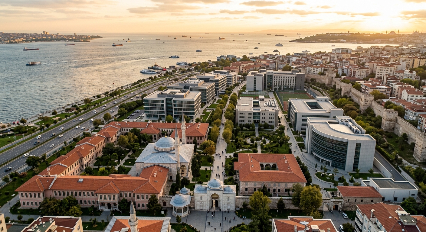 Aerial view of Fatih Sultan Mehmet Vakif University Topkapi Campus in Zeytinburnu Istanbul, historic Ottoman-era buildings alongside modern academic facilities, Marmara Sea visible in background, warm golden hour lighting