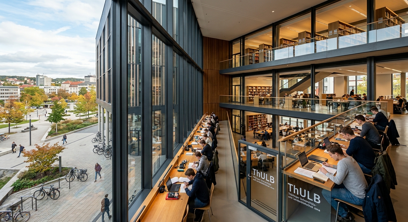 Thuringian University and State Library (ThULB) in Jena, modern architectural design with large glass windows, students studying inside at reading desks