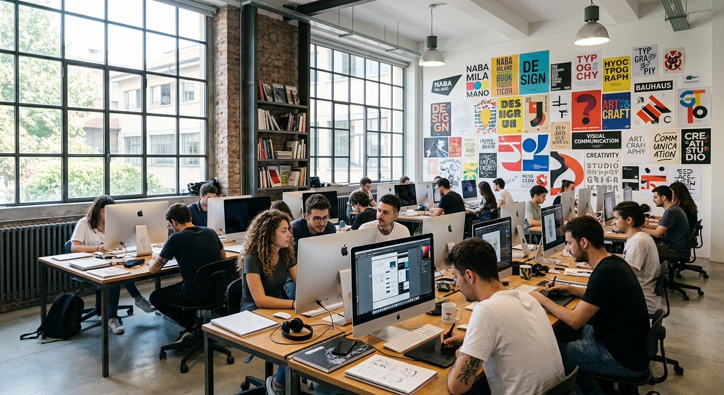 Modern design studio at NABA Milan campus, students working on graphic design projects at large desks with iMacs, colorful typography posters on walls, natural light streaming through industrial windows, creative atmosphere