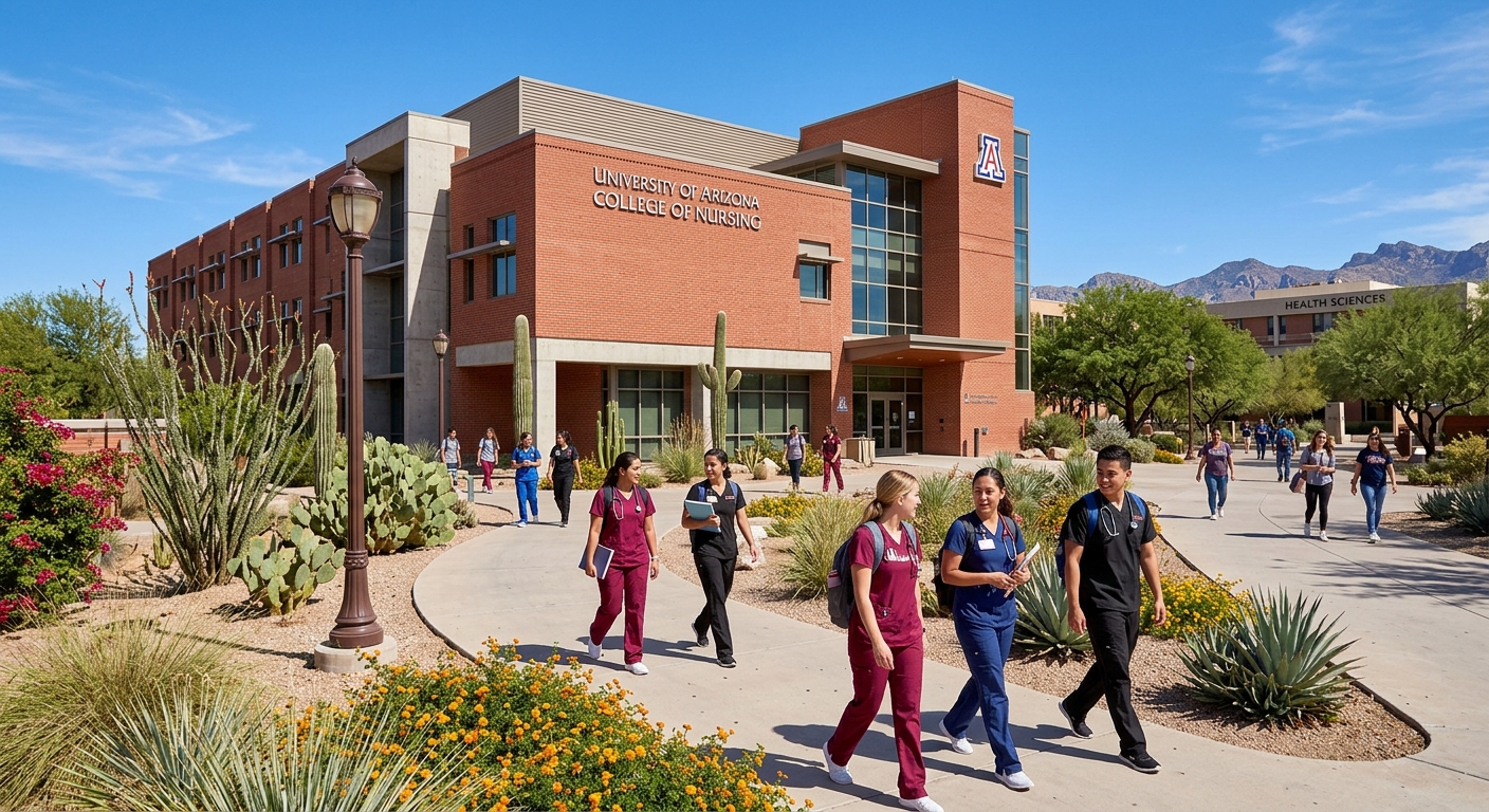 University of Arizona College of Nursing building on the Health Sciences Campus in Tucson, red brick architecture with desert landscaping, nursing students walking along pathways under bright Arizona sunshine