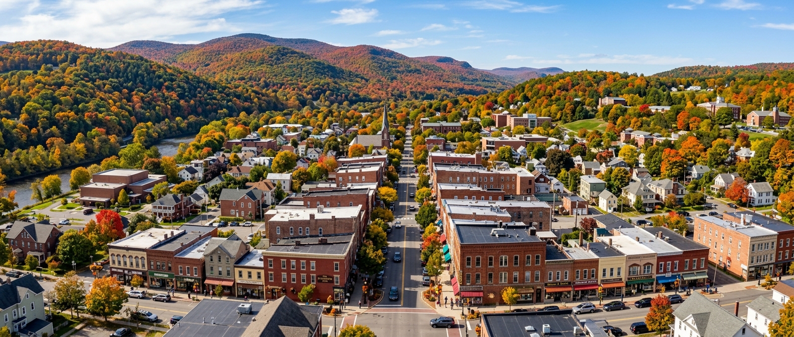 Panoramic view of Oneonta New York, small city nestled in green hills of the Catskill Mountain foothills, charming downtown Main Street with shops and restaurants, autumn foliage