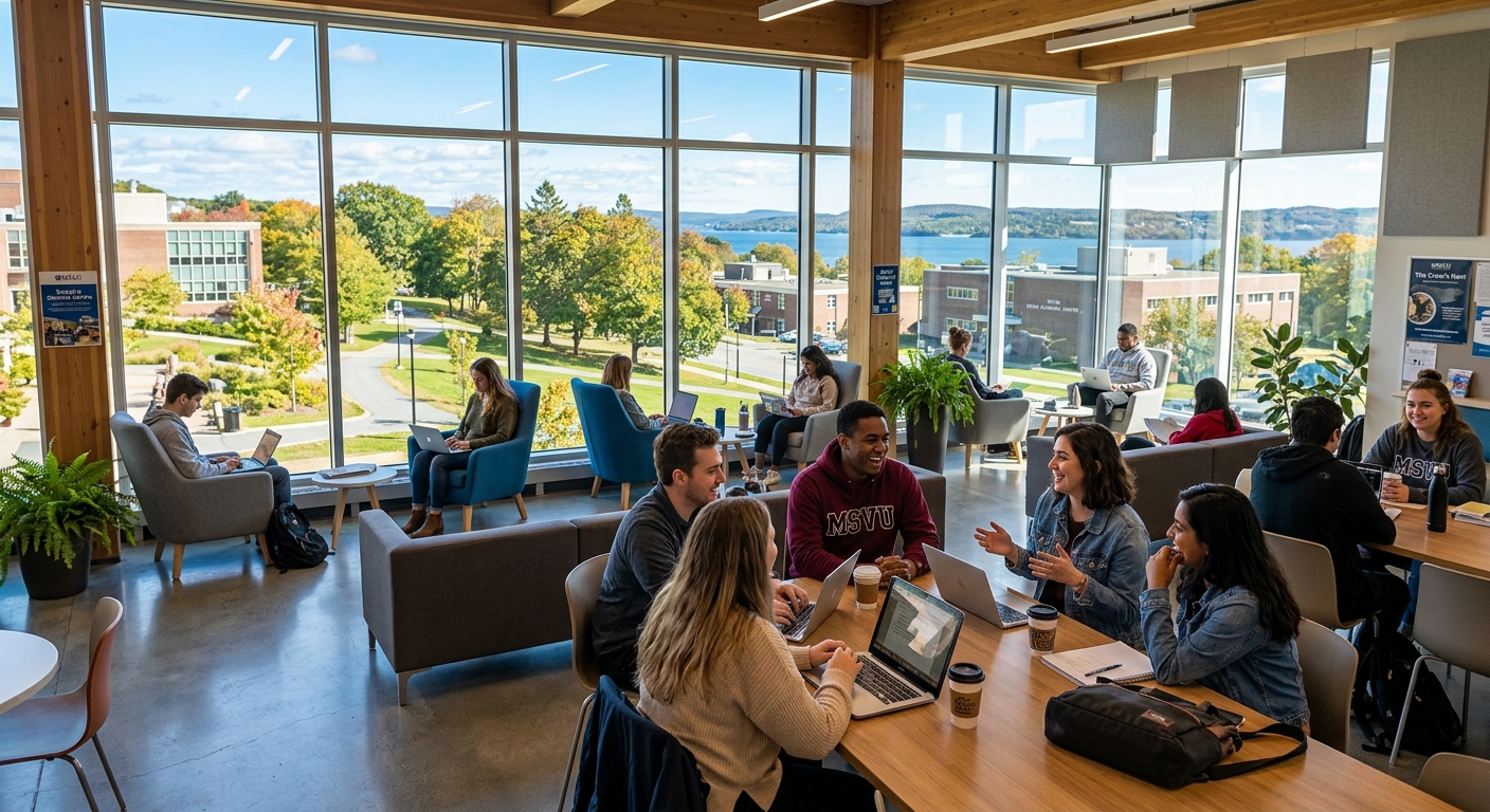 Rosaria Student Centre at MSVU featuring a modern lounge area with students socializing, large windows overlooking the campus grounds