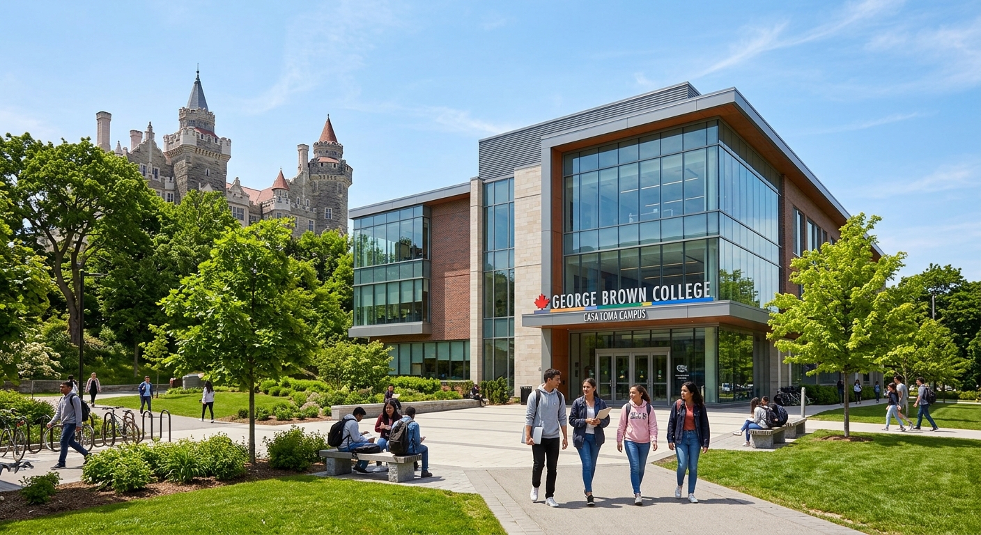 George Brown College Casa Loma Campus, modern educational building near Casa Loma castle, green landscaping, students on campus grounds, clear sky