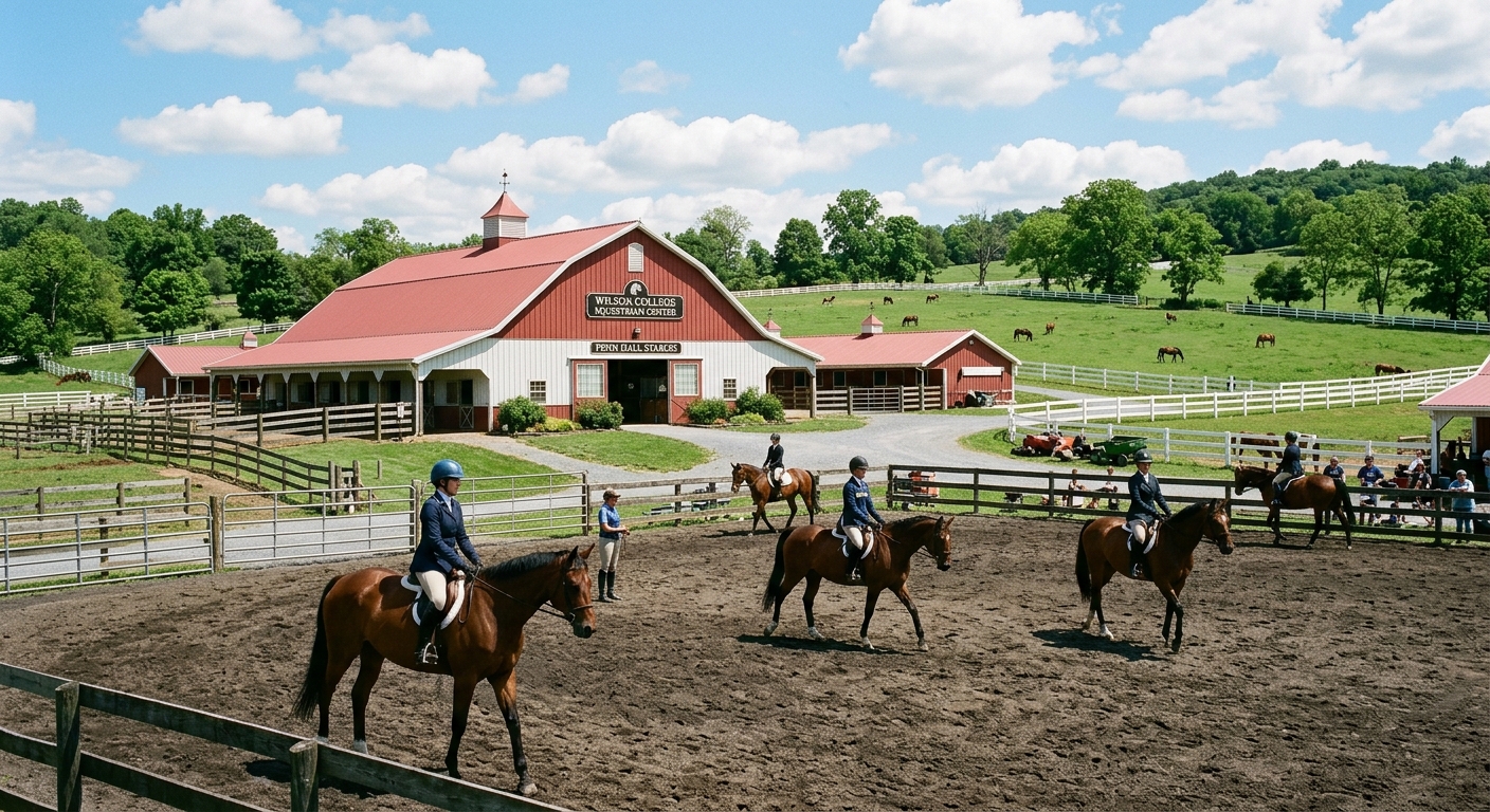 Wilson College equestrian center with riding arenas, horse barns, and green pastures, students riding horses in an outdoor arena under blue sky