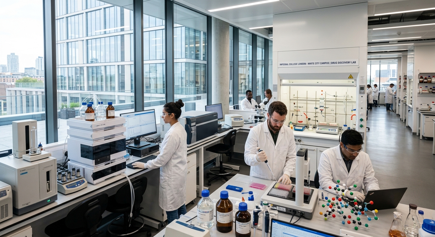 Modern chemistry research laboratory at Imperial College London White City Campus, researchers in lab coats working with advanced drug discovery equipment, molecular models and analytical instruments visible, bright contemporary architecture with large windows