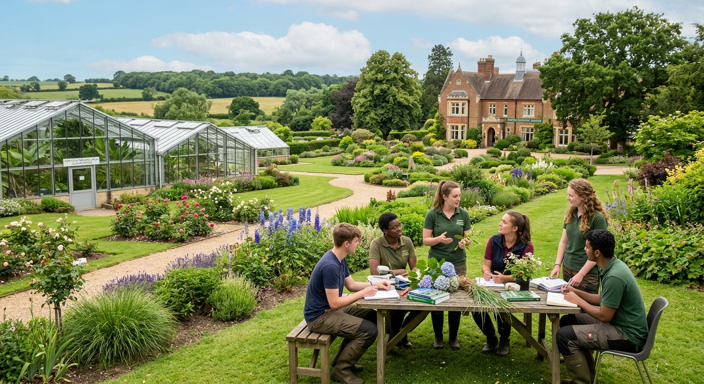 Lush green campus at Writtle University College near Chelmsford, Essex, with landscaped gardens, tropical glasshouses, and students studying horticulture outdoors in a rural countryside setting