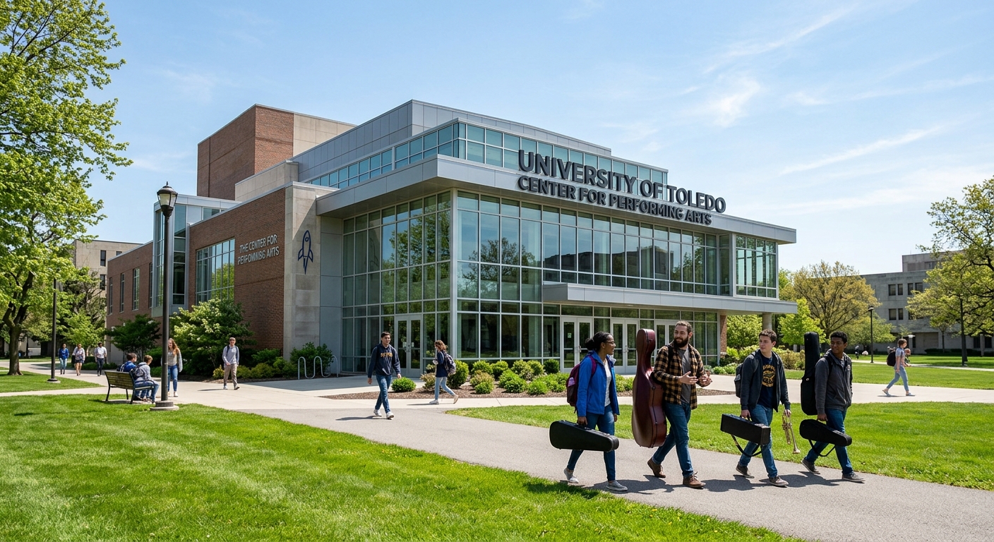 University of Toledo Center for Performing Arts building exterior with students carrying instrument cases, green campus lawn, modern architecture with glass facade, sunny day in Toledo Ohio