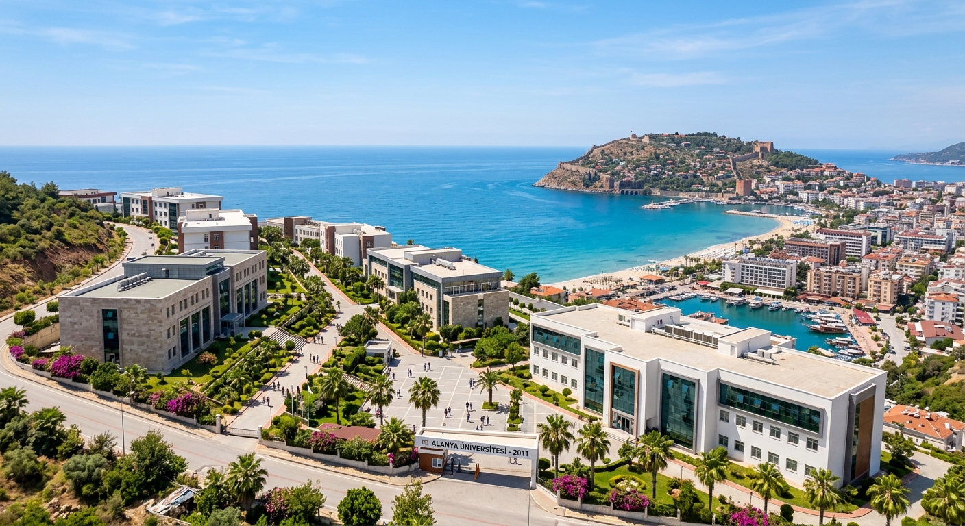 Alanya University campus wide shot with modern buildings, Mediterranean Sea coastline in background, palm trees, clear blue sky, coastal Turkish city of Alanya visible with historic castle on peninsula