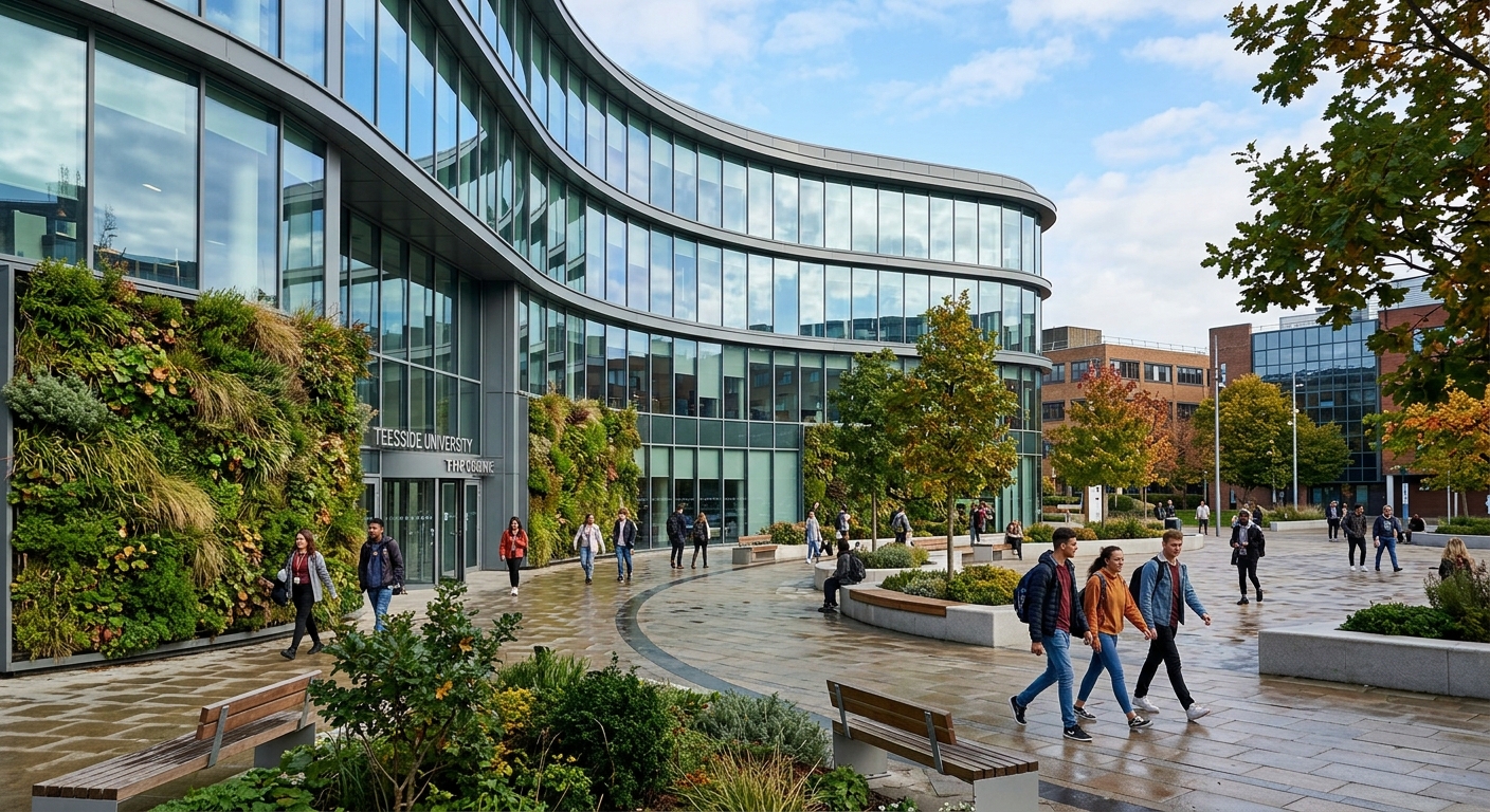 The Curve building at Teesside University, modern curved glass and steel architecture, pedestrianised Campus Heart area with landscaping and living wall, students walking across the plaza