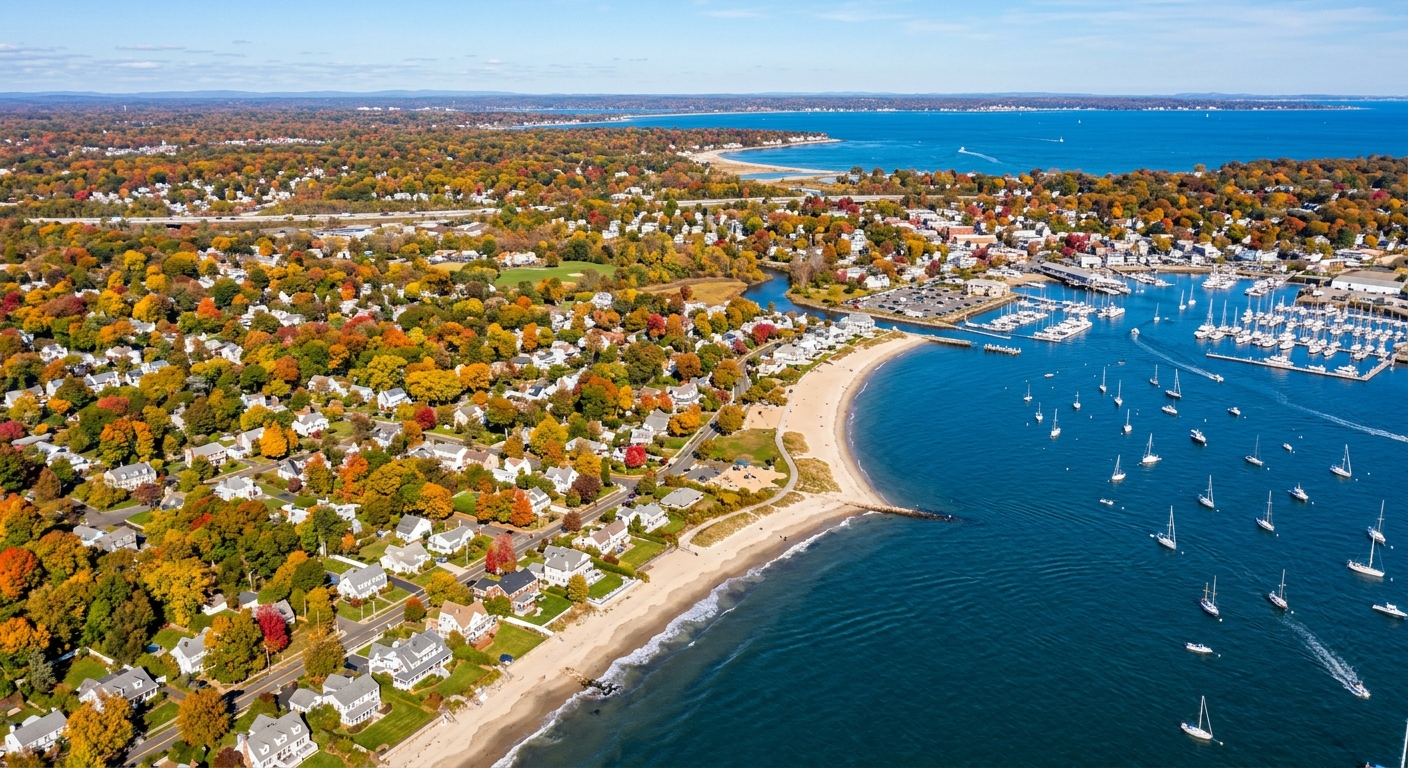 Aerial view of Fairfield Connecticut coastline showing Long Island Sound, sandy beaches, tree-lined suburban neighborhoods, autumn foliage, harbor with sailboats