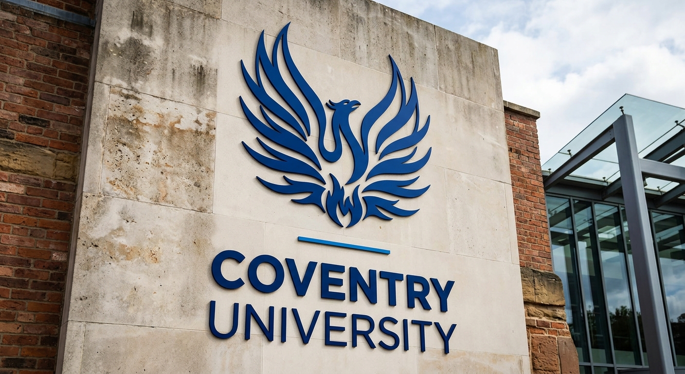 Coventry University logo featuring the mythical phoenix symbol in blue, representing the university's rebirth after World War II destruction