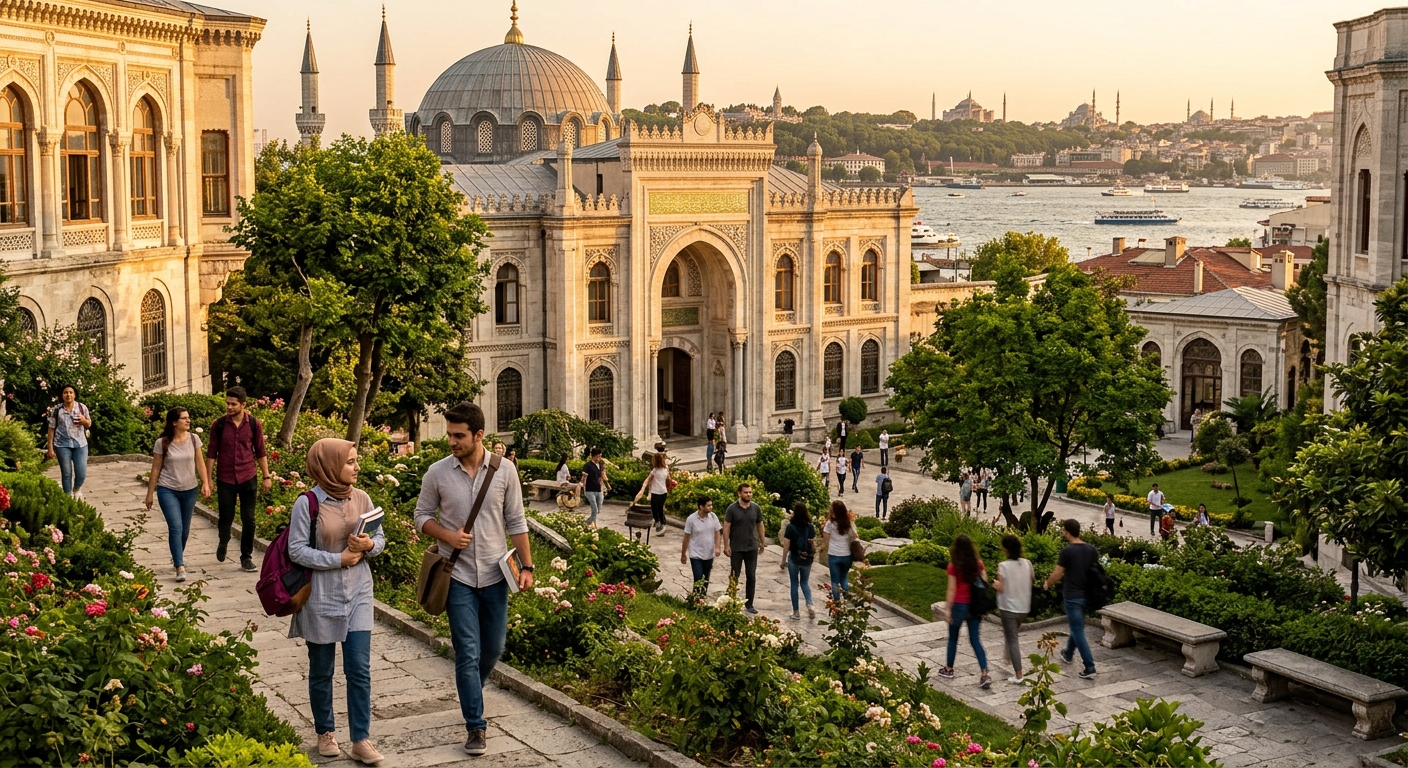 Historic Ottoman-era university campus building in Istanbul with ornate stone architecture, lush courtyard gardens, students walking with books, minarets and Bosphorus visible in the background, warm golden hour lighting