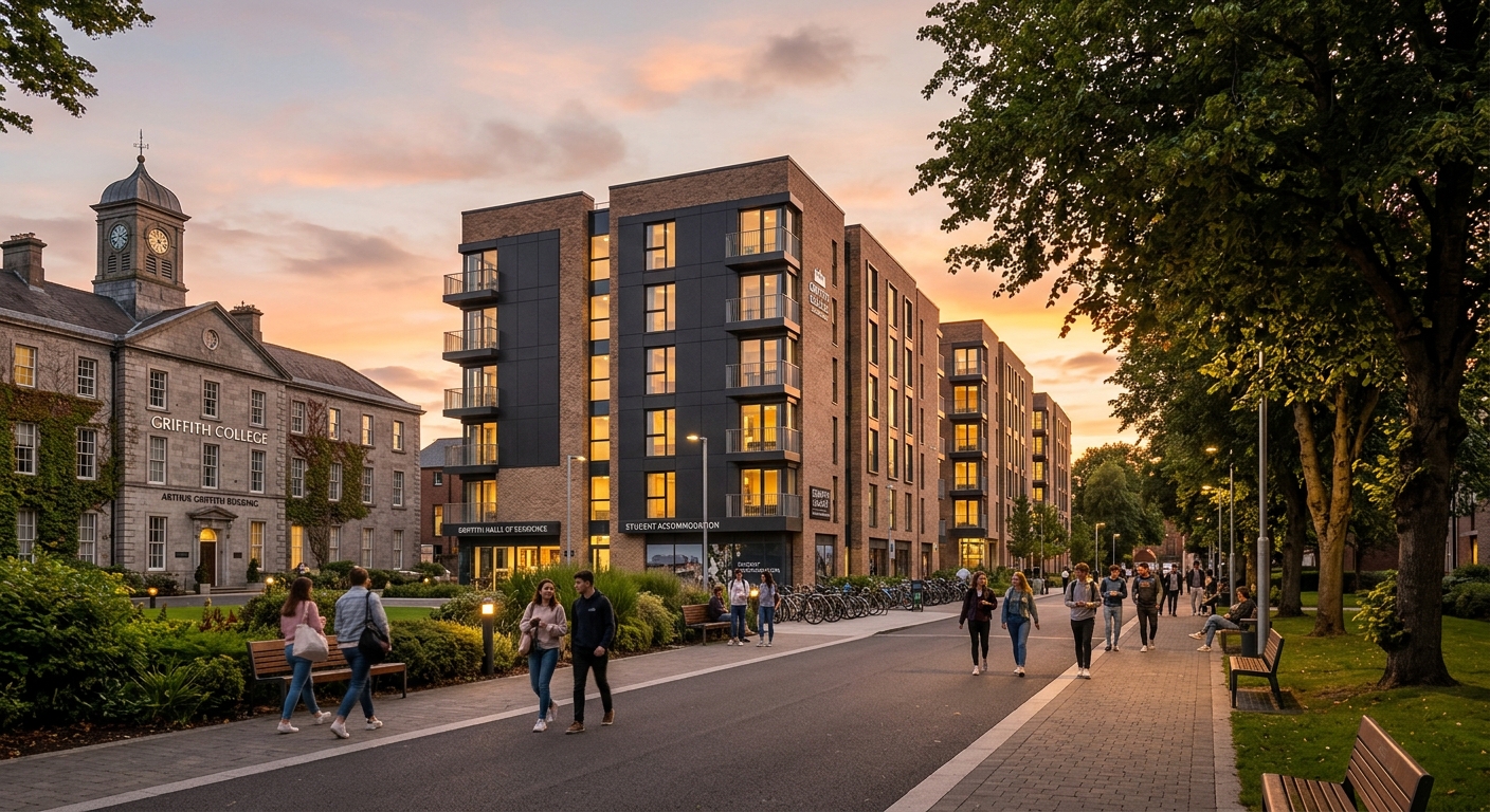 Griffith College Dublin student residence buildings, modern apartment blocks within the historic campus grounds, warm evening lighting, trees and walkways