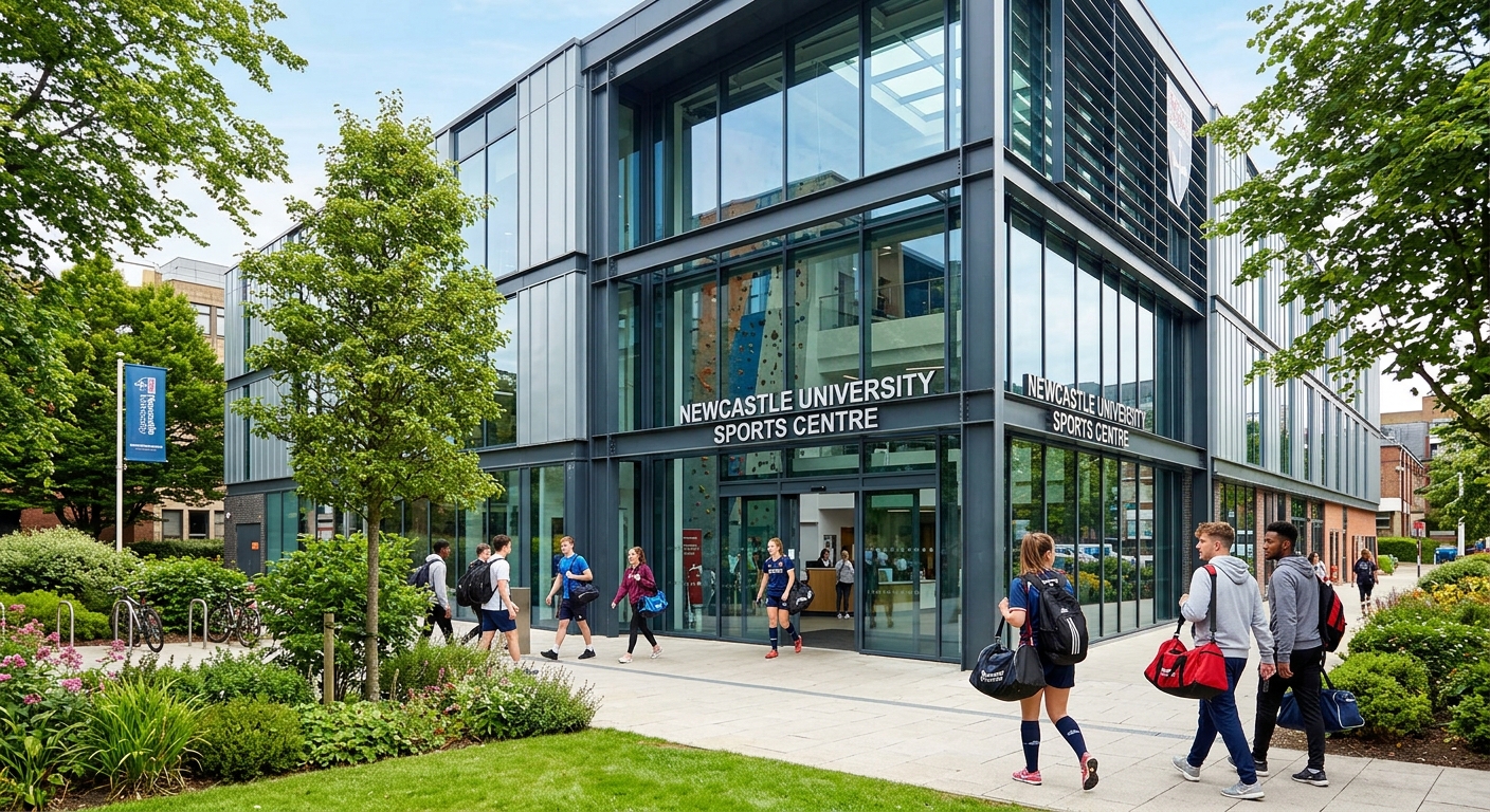 Newcastle University Sports Centre exterior, modern glass and steel building, students entering with sports bags, green landscaping around the entrance