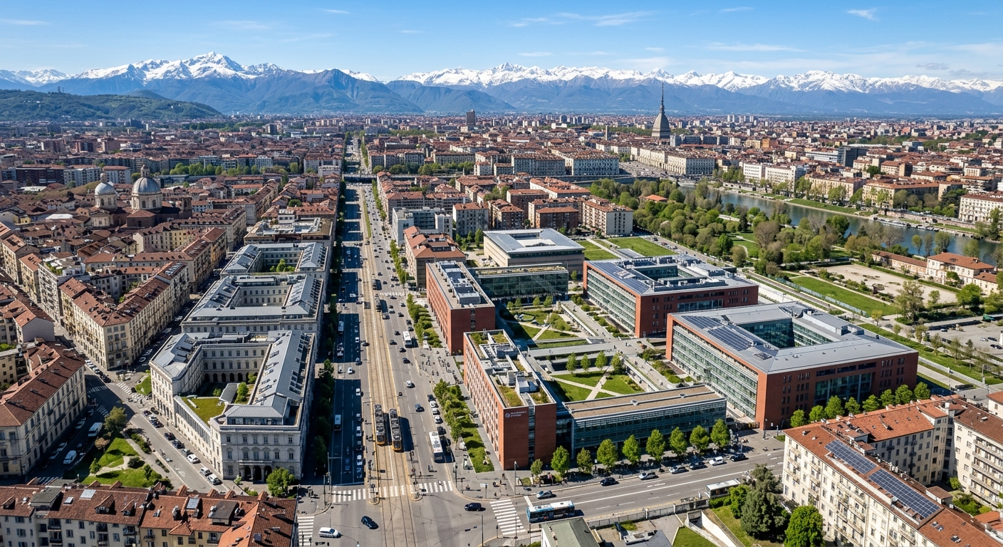 Aerial view of Politecnico di Torino main campus on Corso Duca degli Abruzzi, modern engineering buildings with the Alps visible in the background, clear blue sky, urban Turin cityscape