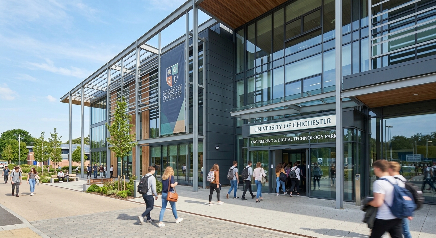 University of Chichester Tech Park modern glass and steel building exterior, students entering through main entrance, contemporary architectural design, bright daylight