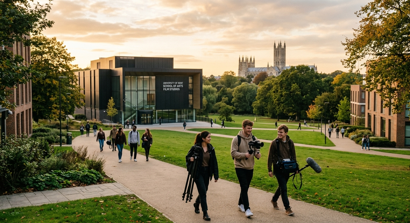 University of Kent Canterbury campus with modern film studio building, green parkland setting, students walking with camera equipment, cathedral spires visible in background, golden hour lighting