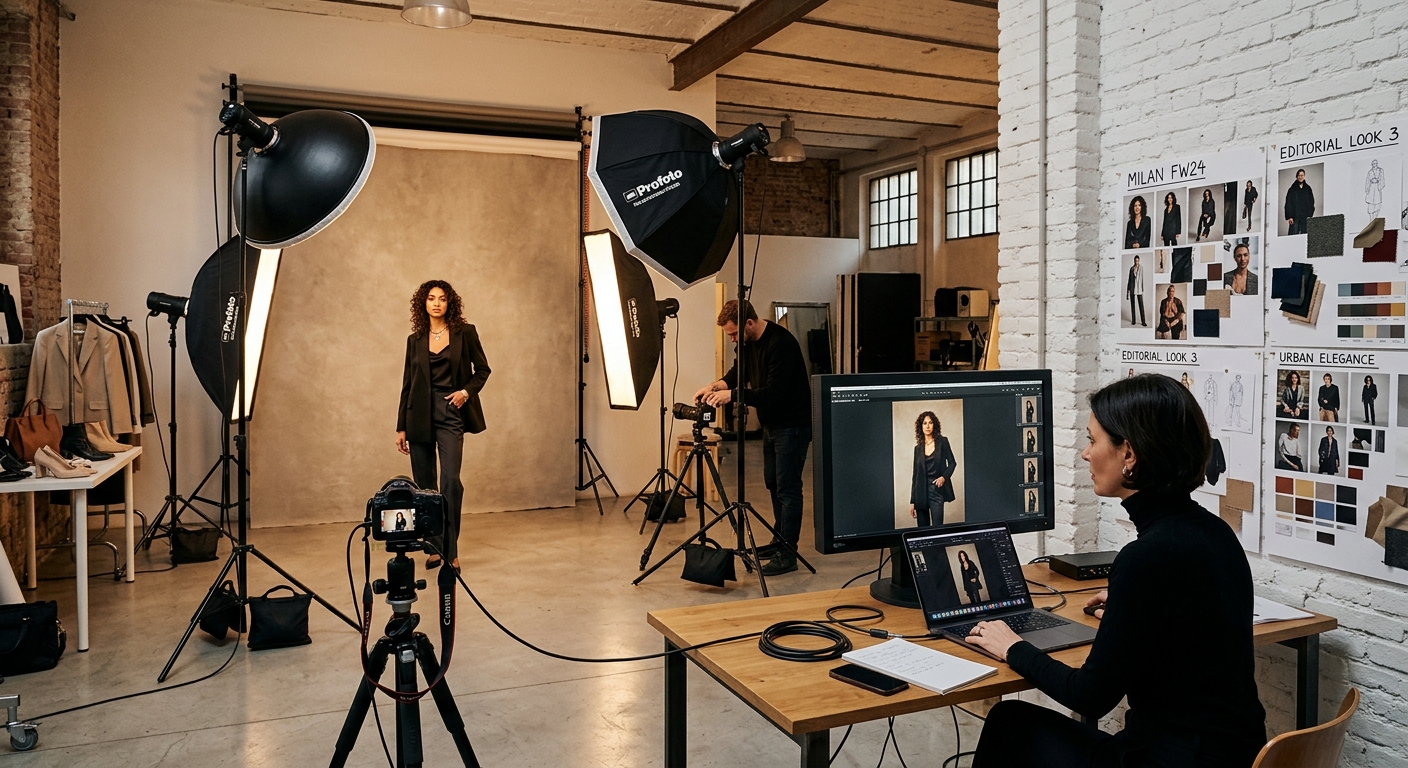 Fashion photography studio in Milan with professional lighting equipment, a model posing against a minimalist backdrop, a creative director reviewing shots on a large monitor, stylish mood boards pinned on the wall, warm ambient lighting