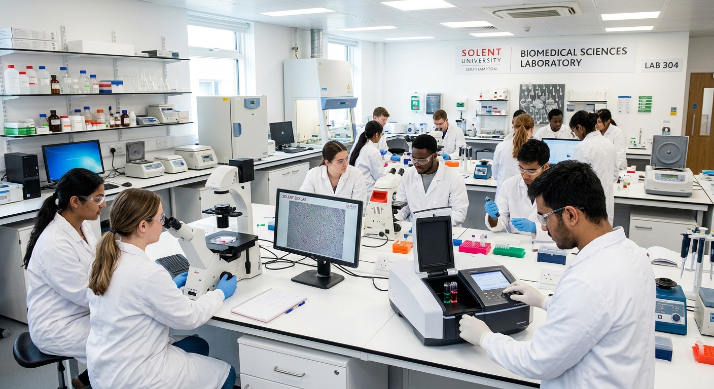 Modern biomedical science laboratory at Solent University Southampton with students in lab coats using microscopes and spectrophotometers, bright overhead lighting, clean white surfaces and scientific equipment