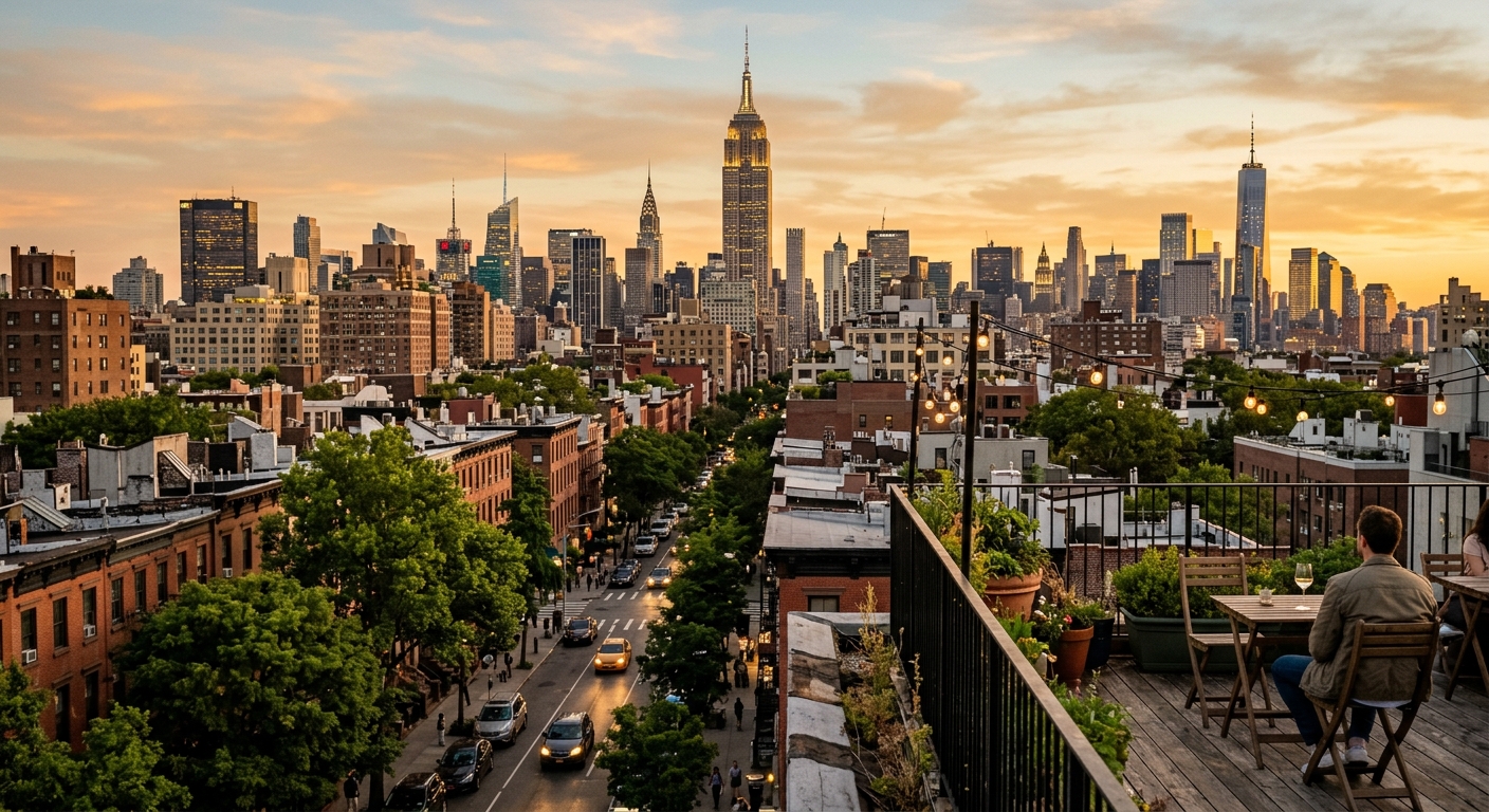 New York City skyline view from Greenwich Village rooftop, Manhattan skyscrapers in background, tree-lined streets below, warm golden hour lighting, Empire State Building visible in distance